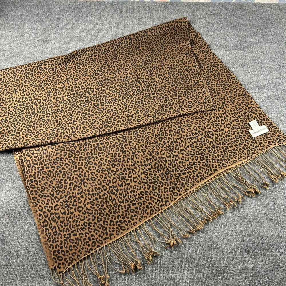 Bloomingdales Leopard Print Cashmere Silk Scarf Wrap Brown Animal Print Fringe